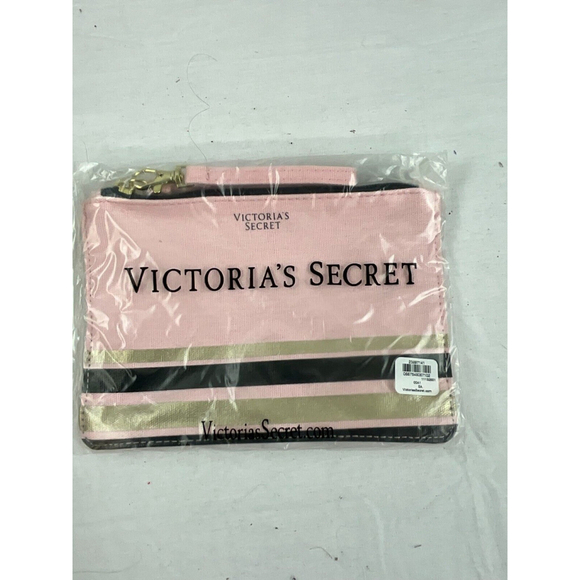 Victoria’s Secret Makeup Pouch Bag Pink Striped Wristlet Strap Zipper Top NWT - Picture 1 of 4